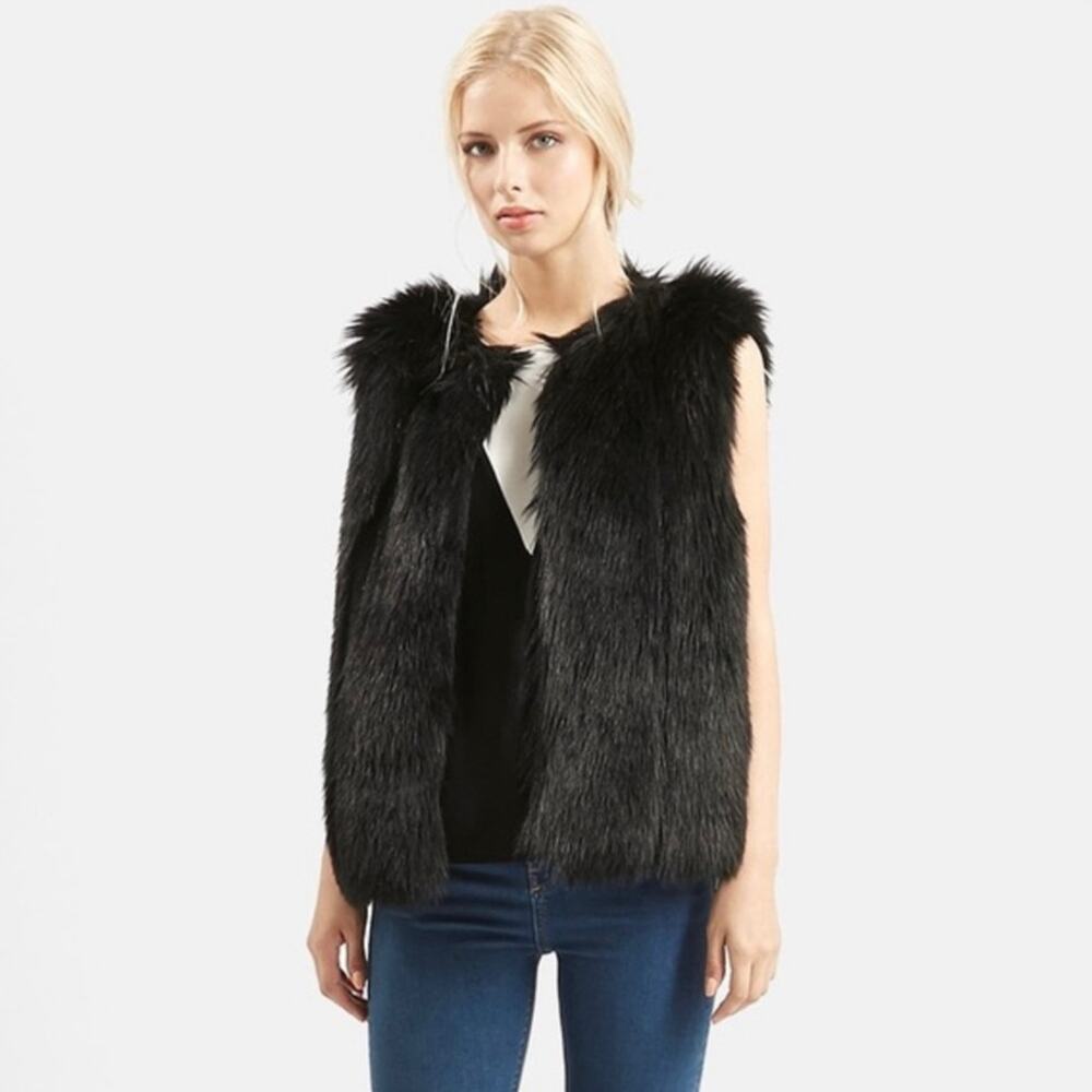 Topshop Black Faux Fur Vest Size 8 Sleeveless Open Front Mobwife Rock Grunge